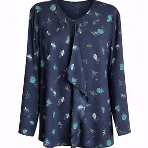 Van Heusen Women’s navy blue floral long-sleeve V-neckline cascading ruffle xxl